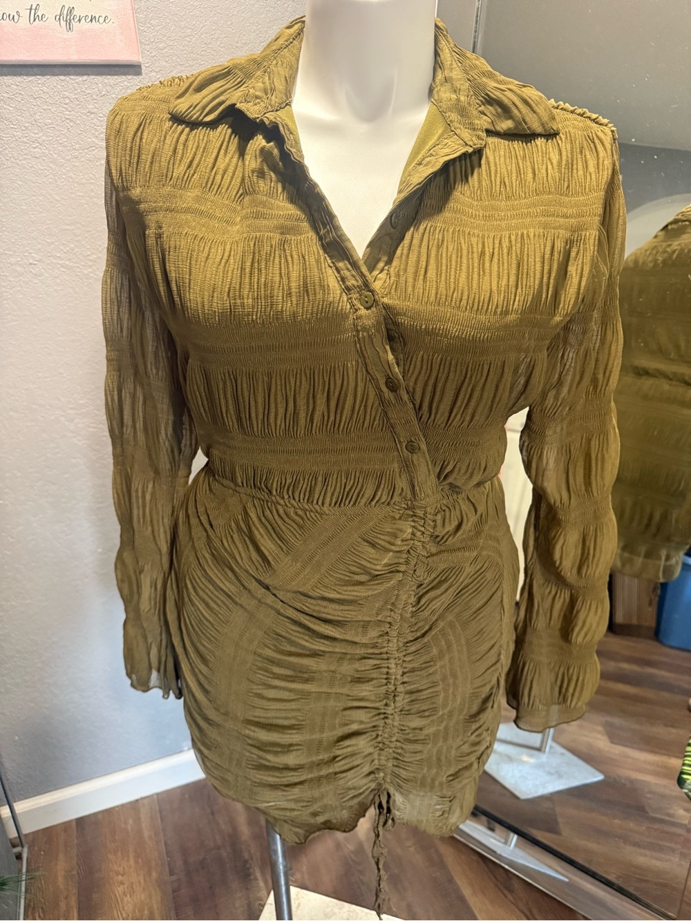 PrettyLittleThing Olive Ruched Long Sleeve Shirt Dress